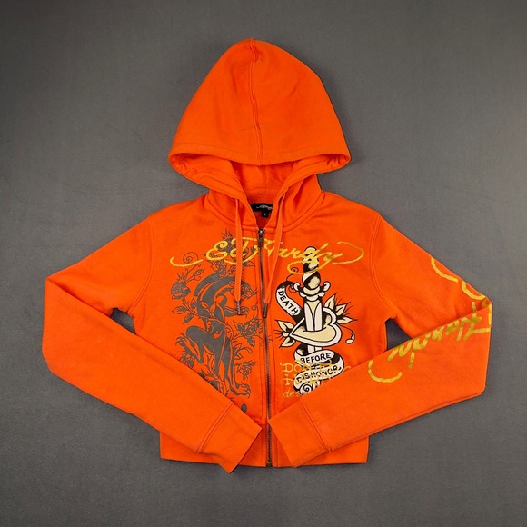 Ed Hardy Tops - Ed Hardy Womens Orange Panther Dagger Tattoo Graphic Zip Up Hoodie Small Y2K